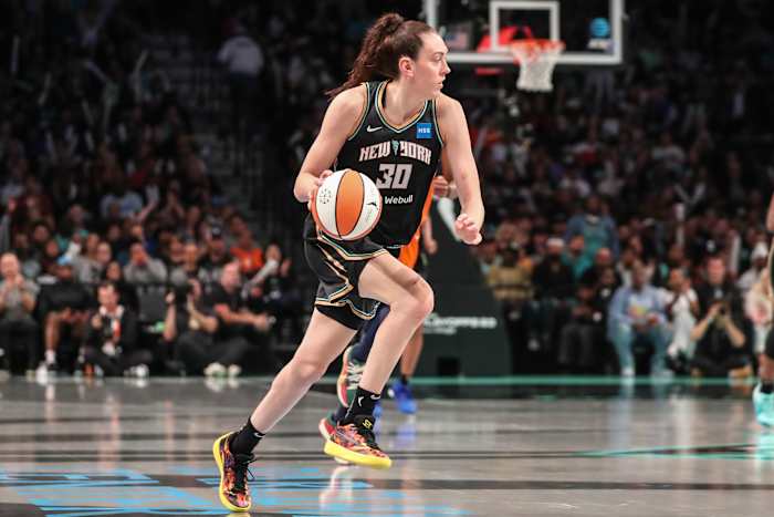 New York Liberty forward Breanna Stewart dribbles the basketball.